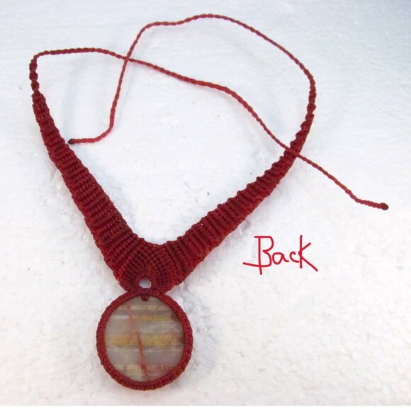 Handcrafted Burgundy Macrame Necklace with Natural Stone Pendant - Picture 7 of 11